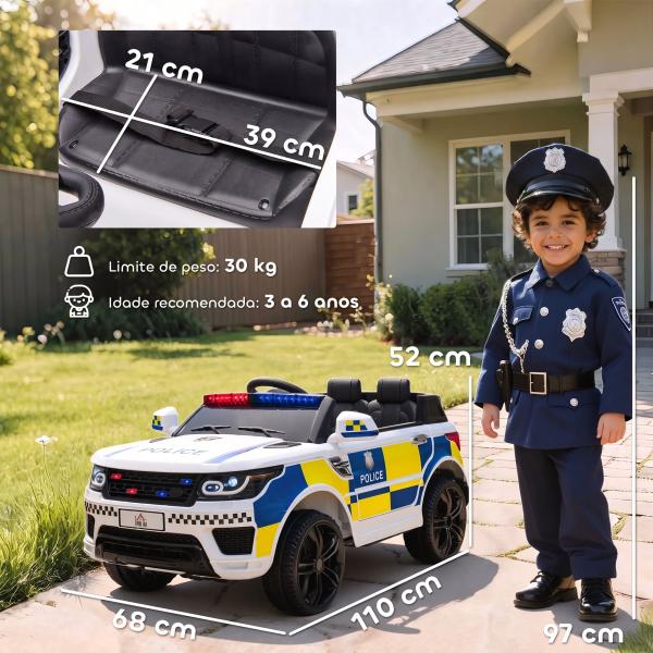 Carro Elétrico Crianças 12V Policial com Bluetooth USB Luz Sirene 110x68x52 cm Brincar Infantil Branco