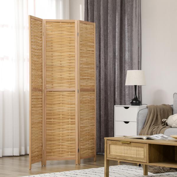 Biombo de 3 Paineis Separador de Ambientes Dobrável 120x1,8x170 cm Divisor de Ambientes com Padrão Tecido em Bambu Madeira