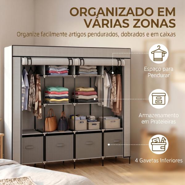 Roupeiro de Tecido com 10 Compartimentos 2 Trilhos Suspensos e 4 Gavetas de Tecido 166x42,5x169,5 cm Cinza Escuro