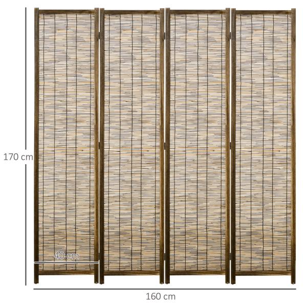 Biombo de 4 Painéis Separador de Ambientes Dobrável 160x1,8x170 cm Divisor de Ambientes de Madeira e Caniço Madeira