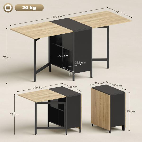 Mesa de Cozinha Dobrável com Arrumação Mesa de Refeição Compacta com 4 Prateleiras 169x60x75 cm Madeira e Preto