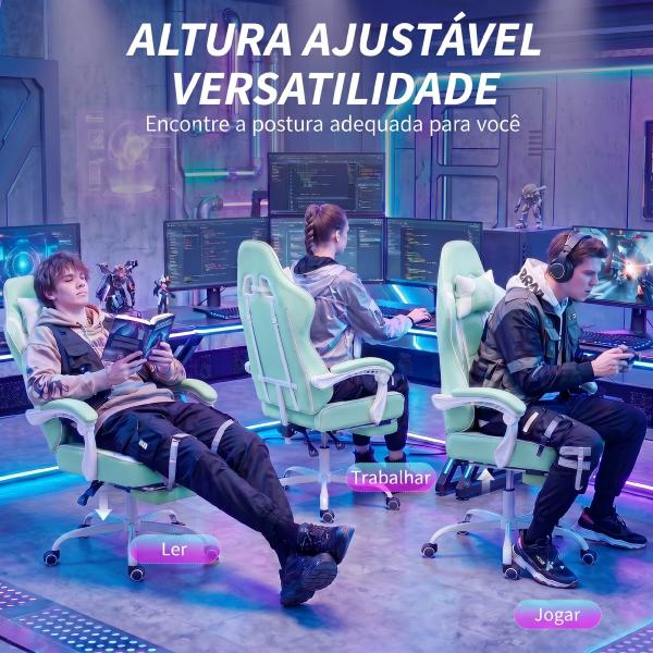 Cadeira Gaming Reclinável 155° com Suporte Lombar com Massagem Apoio de Cabeça e Apoio para os Pés 63x66x126 - 134 cm Azul Claro