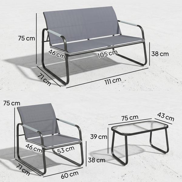 Conjunto de Jardim Exterior com 1 Sofá de 2 Lugares 2 Poltronas e Mesa com Tampo de Vidro Temperado Textilene Respirável Cinzento