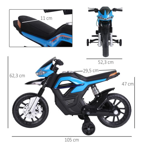 Mota Elétrica Infantil Motocicleta para Crianças acima de 3 anos Bateria 6V com Luzes e Música 105x52,3x62,3 cm Azul
