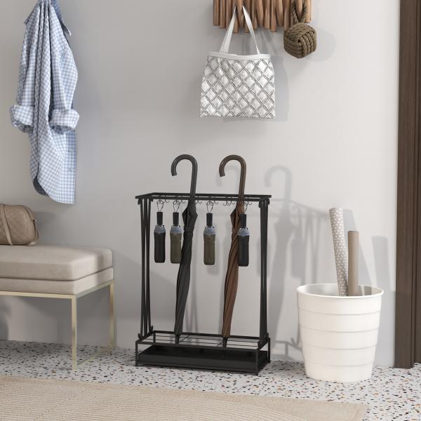 Suporte para Guarda - Chuva Moderno Retangular com 24 Ganchos 21 Espaços e Bandeja Recolhedora de Gotas 50x24x68 cm Preto