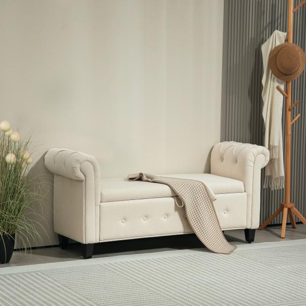Banco de Pé de Cama de Linho com Dobradiças na Tampa Pés de Madeira e Apoio para os Braços 146,5x49x74,5 cm Bege