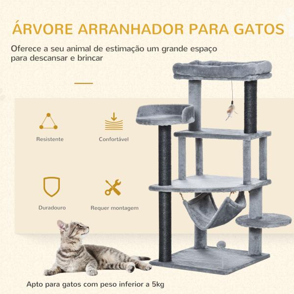 Árvore Arranhadora para Gatos 48x48x107cm com Caverna de Feltro Desmontável Rede Camas de Felpa Múltiplas Plataformas Poste Arranhador de Sisal e Brinquedos Cinza