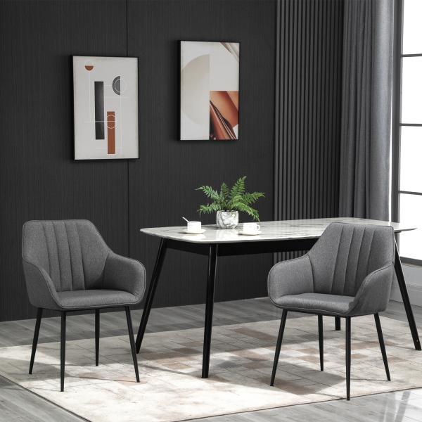 Conjunto de 2 Cadeiras de Sala de Jantar Estofadas em Linho com Encosto e Pés de Metal 59,5x56,5x81 cm Cinza