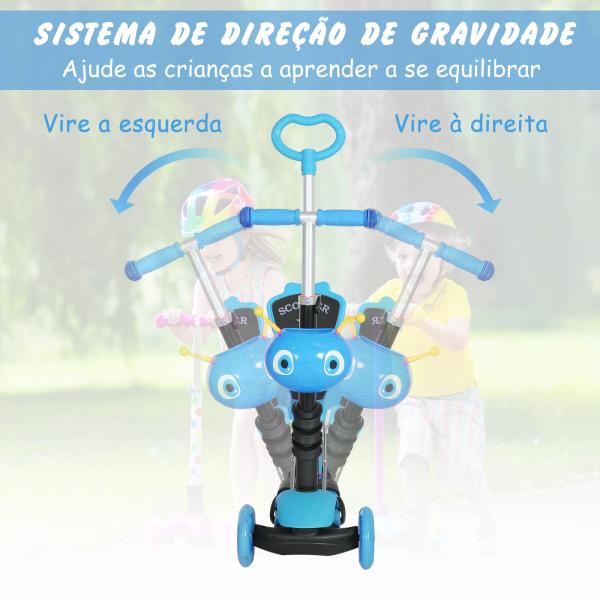 Trotinete 5 em 1 para Crianças com 3 Rodas Assento Removível e Guiador Ajustável Carga Máxima 50 kg 62x25x72,5 cm Azul