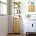 Coluna Casa de Banho de Bambú Coluna Alta para Casa de Banho com 3 Prateleiras e 1 Porta Móvel de Armazenamento para Sala de Estar Cozinha 34x30x173cm Natural