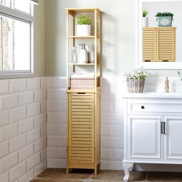 Coluna Casa de Banho de Bambú Coluna Alta para Casa de Banho com 3 Prateleiras e 1 Porta Móvel de Armazenamento para Sala de Estar Cozinha 34x30x173cm Natural