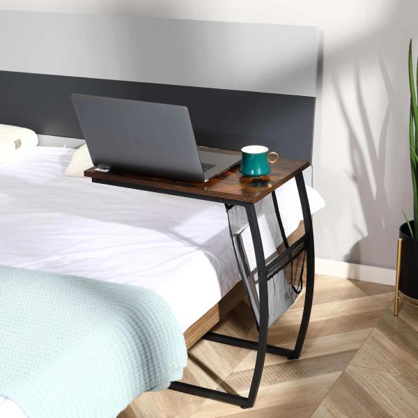 Mesa Auxiliar para Sofá e Cama em Forma de C com Bolso de Armazenamento Mesa Lateral de Estilo Industrial 52x35x64,5cm Marrom Rústico