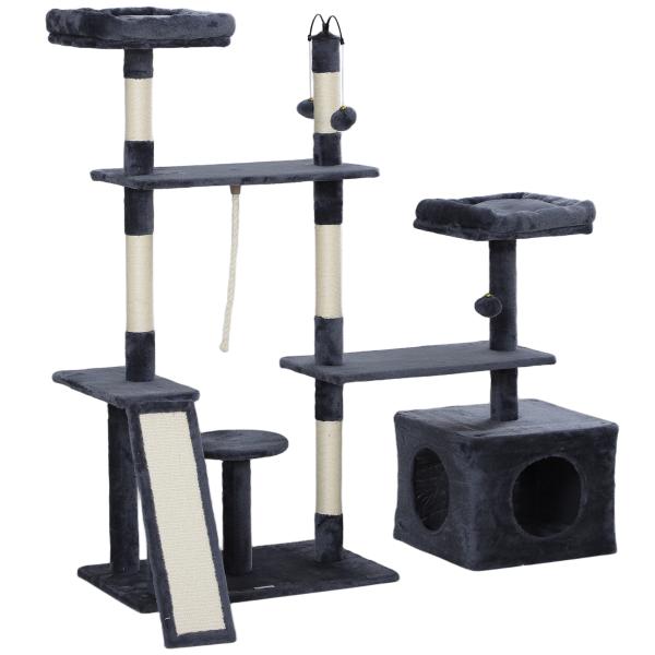 Arranhador para Gatos 134 cm com Caverna Plataformas Bolas de Jogar e Postes de Sisal 124,5x40x134 cm Cinza Escuro