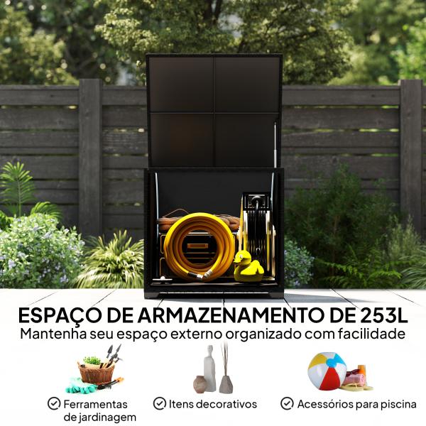 Baú de Armazenamento Exterior de Ratã de 253L com Vara Hidráulica Forro com Fecho e Estrutura de Aço Preto