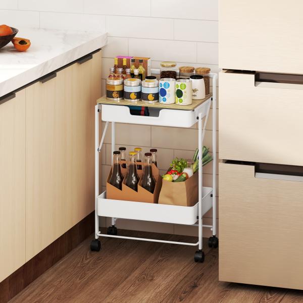 Carrinho Auxiliar com Rodas de 2 Níveis Carrinho de Cozinha com 1 Gaveta e 1 Cesto Carrinho Organizador 45x29,5x68 cm Branco