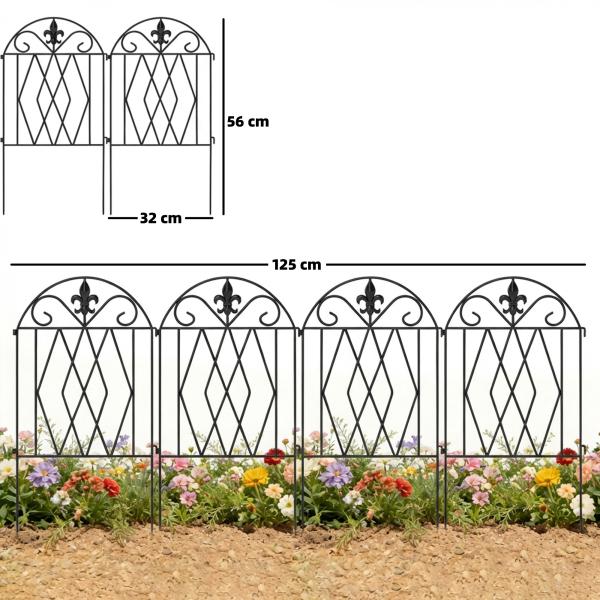 Conjunto de 4 Cercas de Jardim Metálicas 125x56 cm com Design Arqueado Resistentes e Fáceis de Instalar para Pátio Relvado Preto