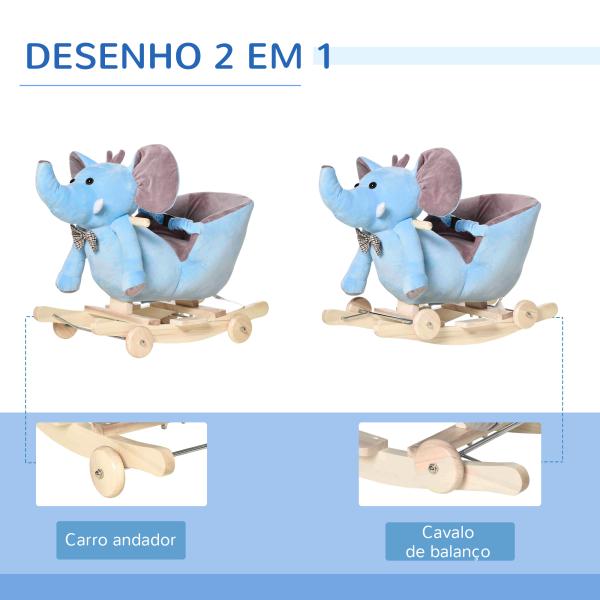 Cavalo Baloiço com Rodas e Forma de Elefante com Músicas Infantis e Cinto de Segurança 60x35x45 cm Azul