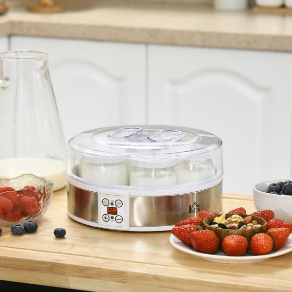 Iogurteira 20W Capacidade 1,26L com 7 Frascos de Cristal de 180 ml Termóstato Ajustável Temporizador de 1 - 48 horas 24x24x13 cm Branco