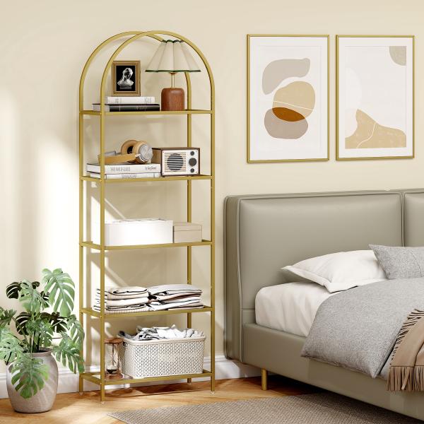 Estante de Vidro de 5 Níveis Estante de Arrumação Estrutura Arqueada Estante Estreita 60x30x175 cm Dourado