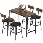 Conjunto de Mesa Alta de Bar com 4 Bancos, Assentos em PU com Encosto e Apoio para os Pés, Castanho