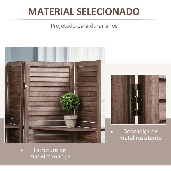 Biombo Dobrável de 4 Painéis de Madeira 162x170 cm Divisória de Ambiente com 3 Prateleiras Nogueira
