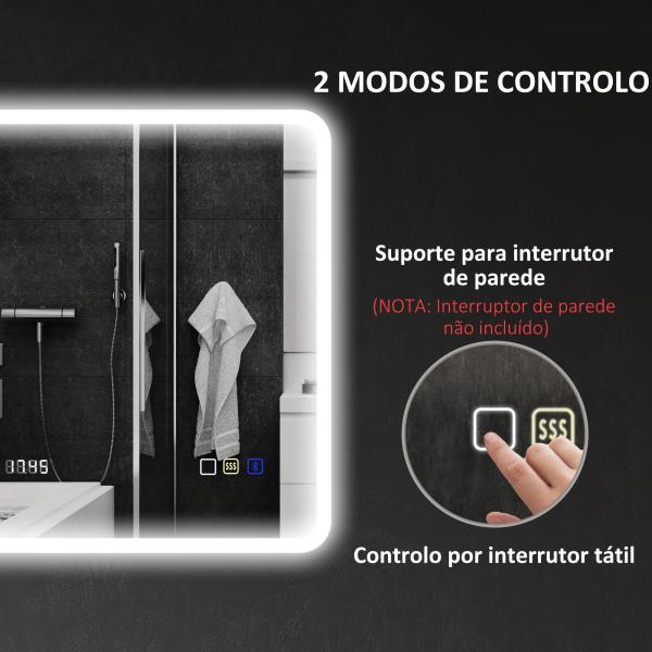 Espelho de Casa de Banho com Luz LED 80x60 cm Bluetooth 3 Cores de Luz Relógio Digital Função Antiembaciamento Função de Memória Prata