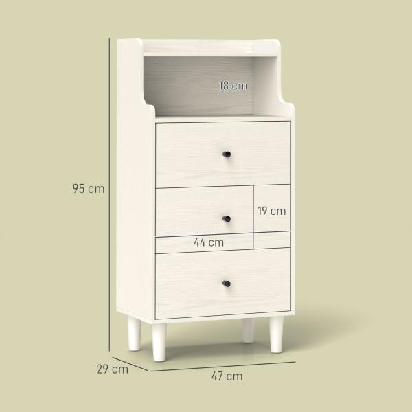 Cómoda com 3 Gavetas Cómoda de Quarto Estreita com Prateleiras Abertas Anti - Tombo Gaveteiro Alto 47x29x95 cm Branco Acinzentado