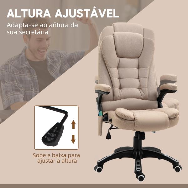 Cadeira de Escritório com Massagem 6 Pontos Reclinável até 130° com Função de Aquecimento 67x74x107 - 116 cm Castanho Claro