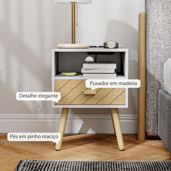 Mesa de Cabeceira com Estação de Carregamento Gaveta 2 Tomadas AC Porta USB e Tipo - C 40x35x54,7 cm Branco