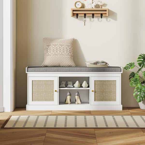 Banco Sapateira com Assento Acolchoado Portas em Vime e Prateleira Aberta para 9 Pares de Sapatos 105x35x47 cm Branco