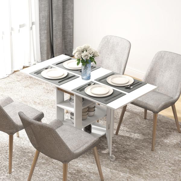 Mesa Dobrável com Asas Dobráveis Mesa de Cozinha com 2 Rodas e Prateleiras Estilo Moderno 120x60x75 cm Branco