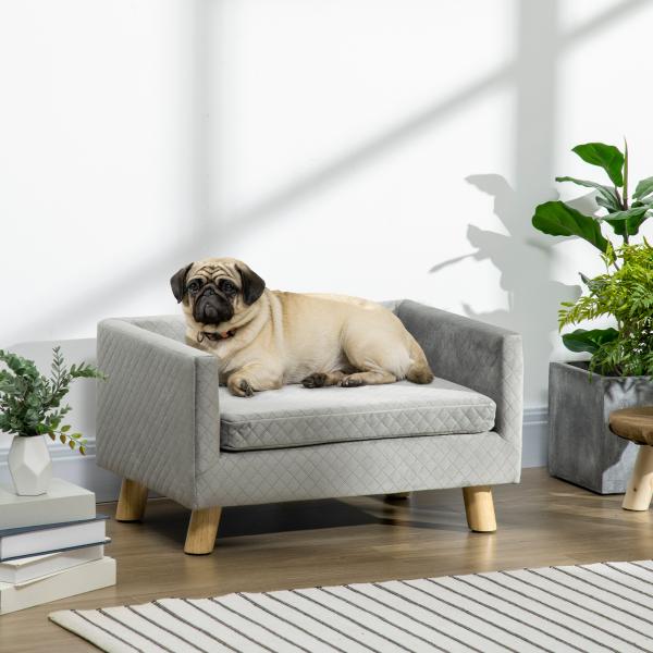 Sofá para Cães Pequenos 64x45x36 cm em Veludo com Almofada Lavável e Pés em Madeira de Bétula Cinzento Escuro