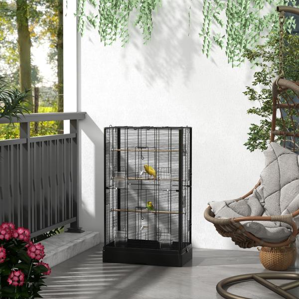 Gaiola para Pássaros 61x36,5x98 cm com Portas Poleiros Bandeja Removível e Alças para Canários Periquitos Preto
