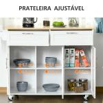 Carrinho de Cozinha com Rodas 2 Gavetas 3 Portas Prateleiras Ajustáveis e Barra para Sala de Jantar 121x46x91 cm Branco