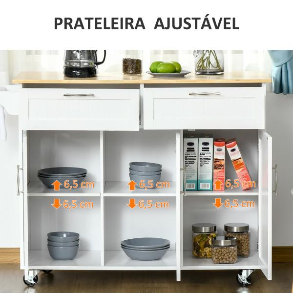 Carrinho de Cozinha com Rodas 2 Gavetas 3 Portas Prateleiras Ajustáveis e Barra para Sala de Jantar 121x46x91 cm Branco