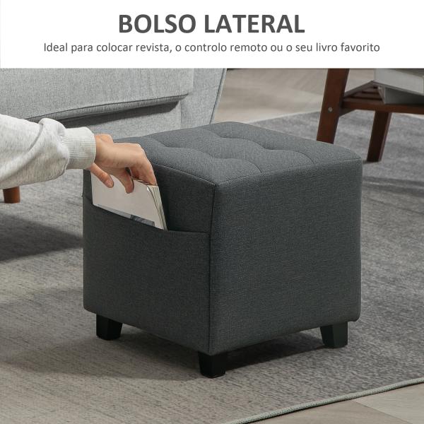 Apoio para os Pés Sala de Estar Banco Estofado em Linho com Bolso Lateral Tampa com Botões 35x35x35 cm Cinzento