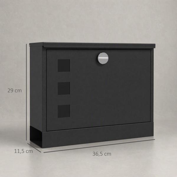Caixa de Correio Exterior em Metal de Parede com Fechadura, 2 Chaves, Janelas de Visualização e Fecho Silencioso 36,5x11,5x29 cm Preto