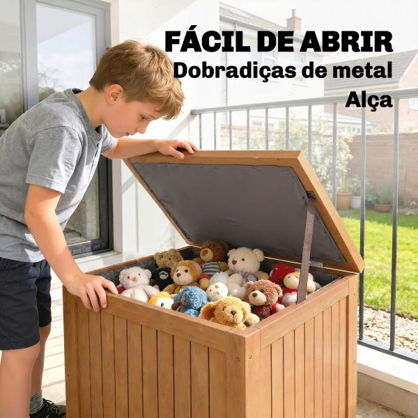 Baú de Exterior em Madeira 130L Arca de Armazenamento com Forro Tampa Articulada e Correia 63x51x58,5 cm Castanho