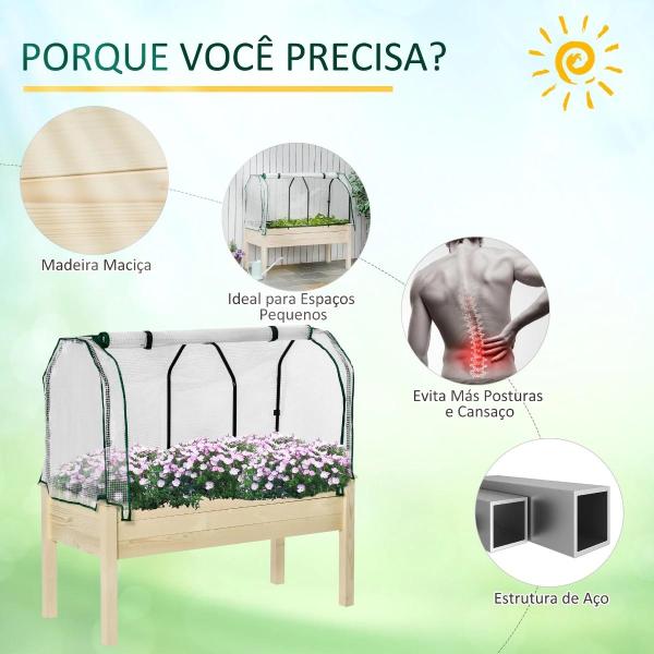 Horta Vertical Elevada de Madeira 121x55x117cm com Cobertura de Proteção Mesa de Jardinagem para Cultivo de Flores Vegetais e, Jardim Terraço Madeira Natural