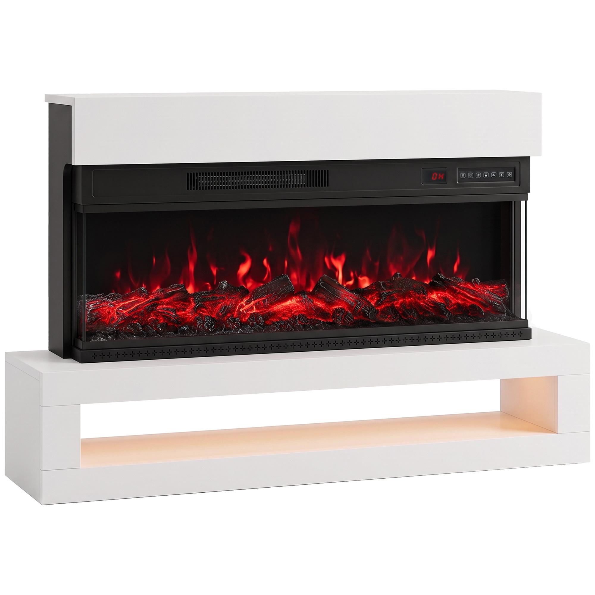 Lareira Elétrica de Parede/Independente 900/1800 W com LED 3 Lados Móvel TV até 55'' 12 Cores de Chama Comando à Distância Branca