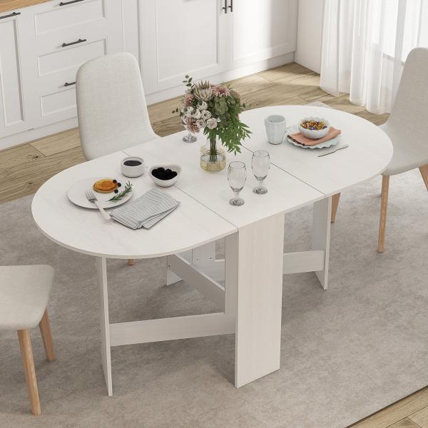 Mesa de Cozinha Dobrável Mesa de Jantar Dobrável Ovalada com Laterais Abatíveis Estilo Moderno 163x80x75 cm Branco