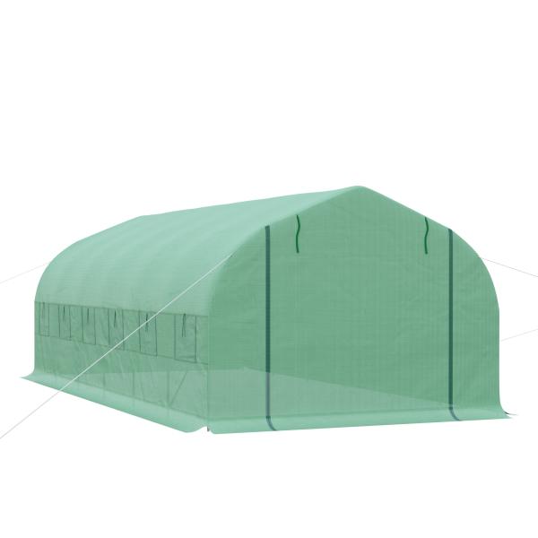 Estufa Tipo Túnel 595x300x200cm Estufa de Jardim Grande com 12 Janelas e Porta Enrolável com Zíper para Cultivo de Plantas Verde
