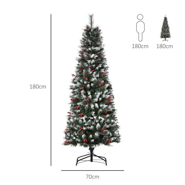 Árvore de Natal Artificial 180cm Ignífugo com 539 Ramos 51 Bagas Folhas de PVC Base Dobrável e Suporte Metálico Verde