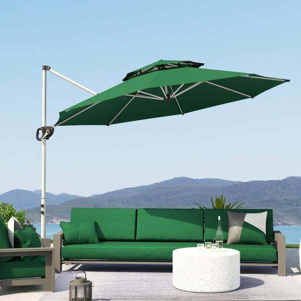 Chapéu de Sol Excêntrico Ø292 cm com Manivela Rotativo 360° Inclinação Ajustável Duplo Teto e Base Cruzada Verde Escuro