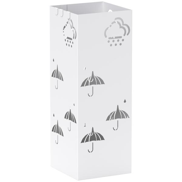 Suporte para Guarda Chuva de Aço com 4 Ganchos e Bandeja de Gotejamento Amovível 15,5x15,5x41 cm Branco
