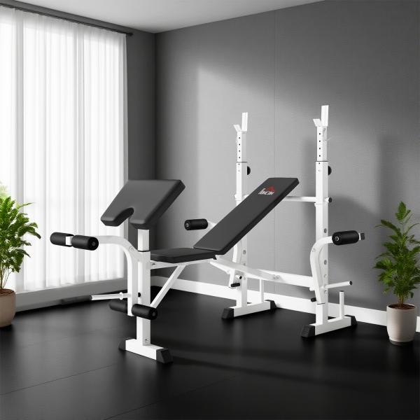 Banco de Musculação Multifuncional Inclinável com Suporte para Barra Ajustável Extensão de Pernas Curl de Predicador 180x134x113 - 136 cm Preto