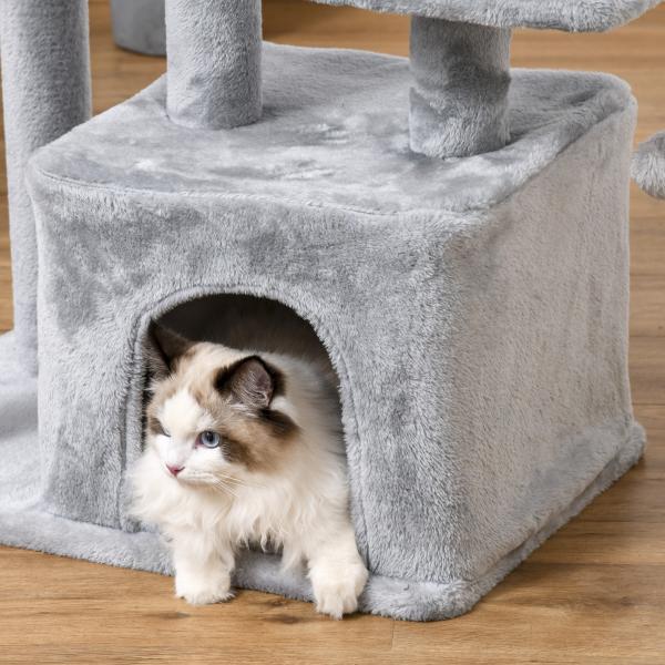 Arranhador para Gatos Altura 114 cm com Postes de Sisal 3 Plataformas Caverna e 2 Bolas Suspensas Cinza Claro