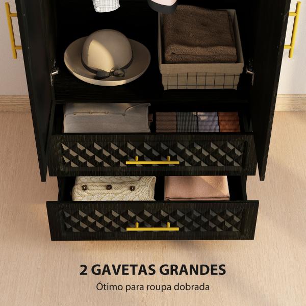Roupeiro com Espelho 2 Portas e 2 Gavetas Relevo de Diamante Barra para Pendurar Estilo Moderno 80x50x180 cm Preto