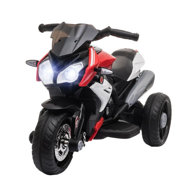 Motocicleta Elétrica Infantil com 3 Rodas Triciclo para Crianças acima de 3 anos com Bateria 6V Recarregável Funções de Música Buzina Faróis 86x42x52cm Preto e Vermelho