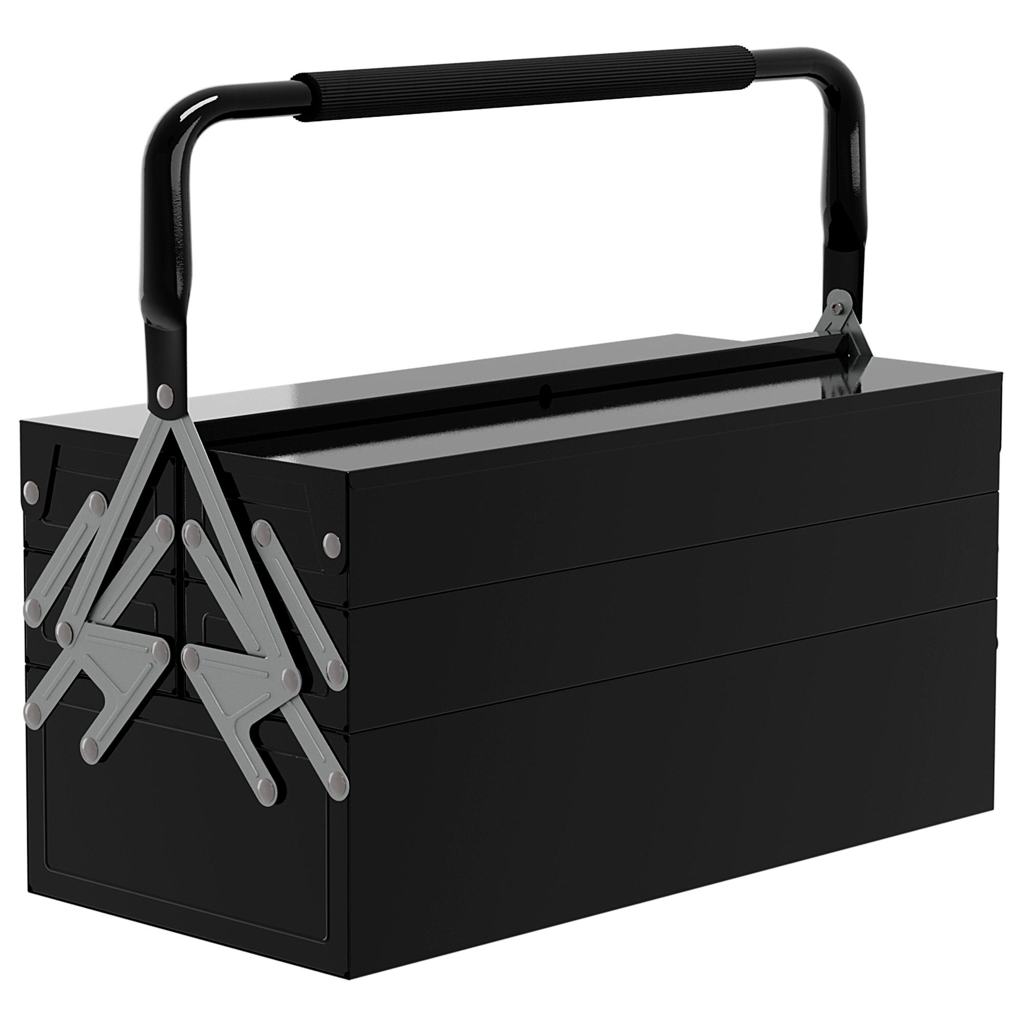 Caixa de Ferramentas de Aço Dobrável com 5 Compartimentos Mala de Ferramentas com Pega para Oficina e Casa 45x20x34,5 cm Preto